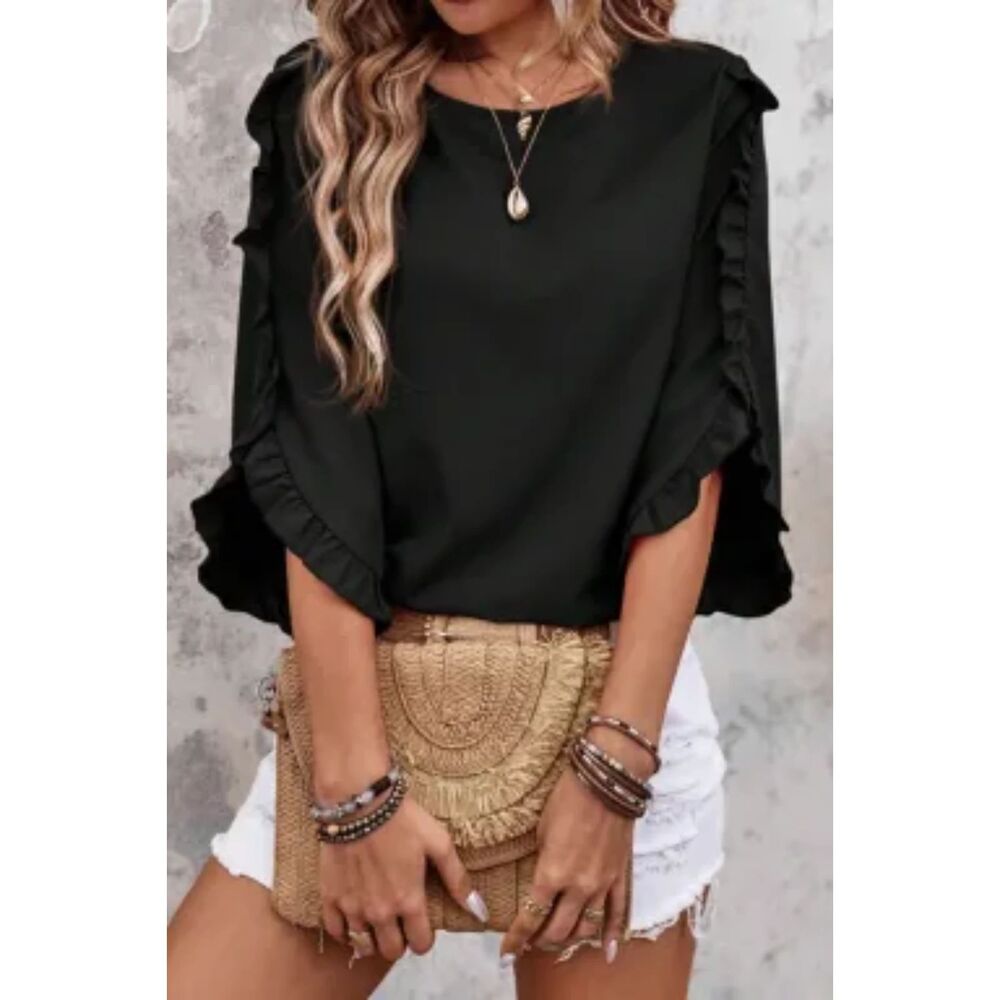SHEWIN FIERY BLACK FRILL TRIM PLAIN TULIP SLEEVE BLOUSE